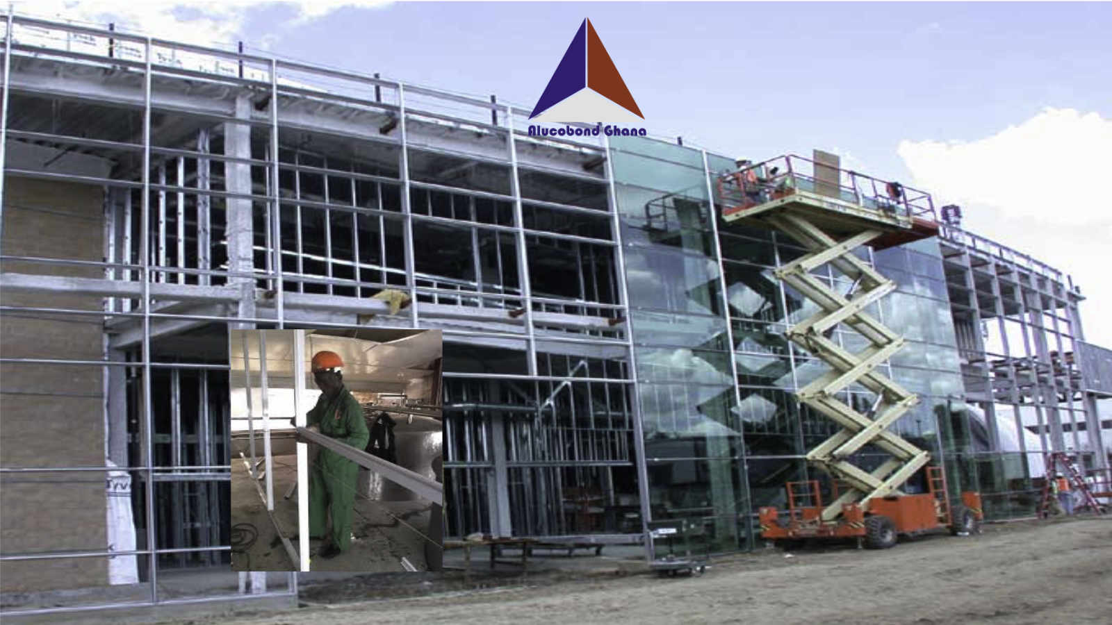 Alucobond Ghana team installing composite panel cladding on a building facade in Ghana